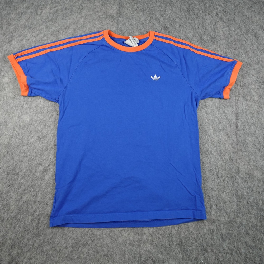 Adidas Shirt Mens Medium Blue Orange Originals Trefoil Monogram Ringer 3 Stripes
